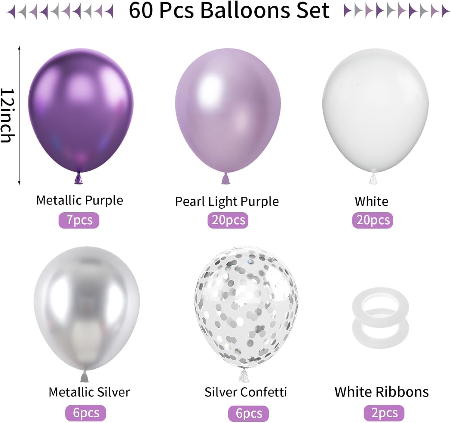 FunHot 60Pcs 12 Inch Metallic Silver and Purple Balloons Set