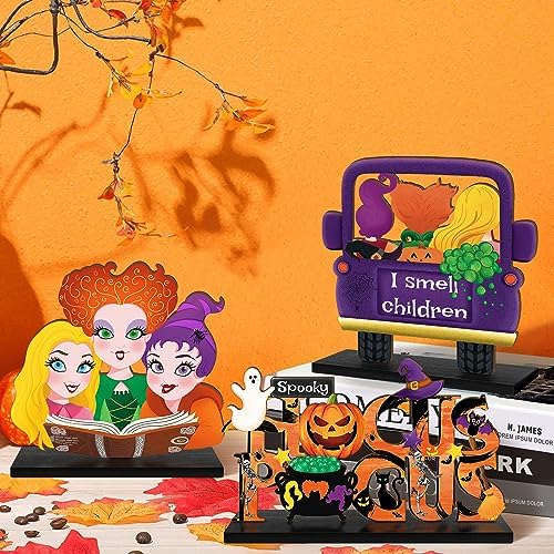 3 Piece Hocus Pocus Halloween Table Signs with Wooden Bases