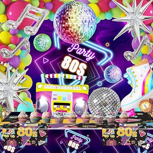 80s 90s Neon Balloons Arch Kit with Confetti Music Note and Disco Ball