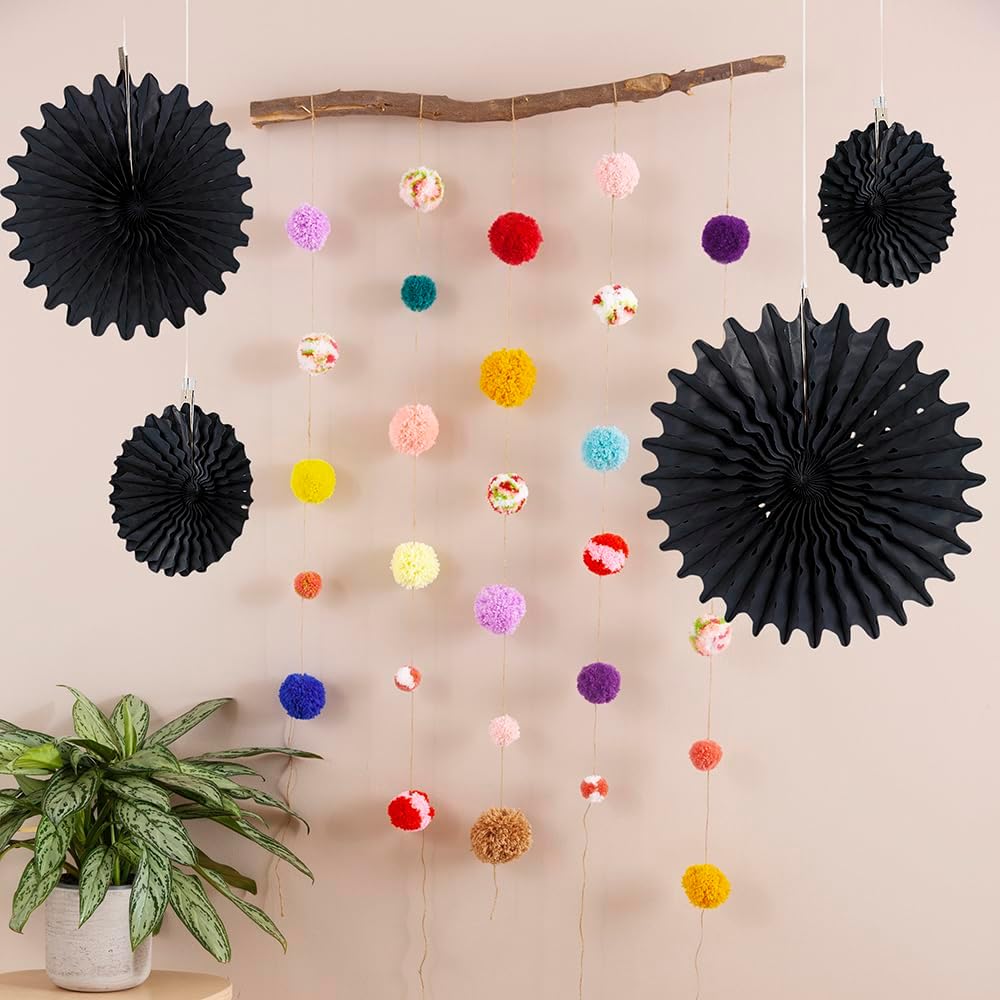 Black Tissue Hanging Fans - 12 Pieces Party Decor