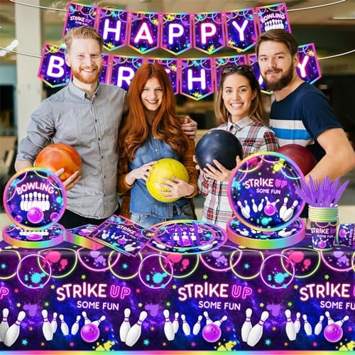 Bowling Party Tableware Set 142Pcs Neon Glow Fun Decorations