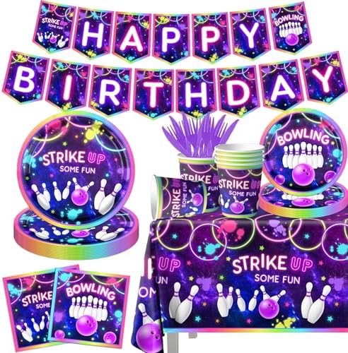 Bowling Party Tableware Set 142Pcs Neon Glow Fun Decorations