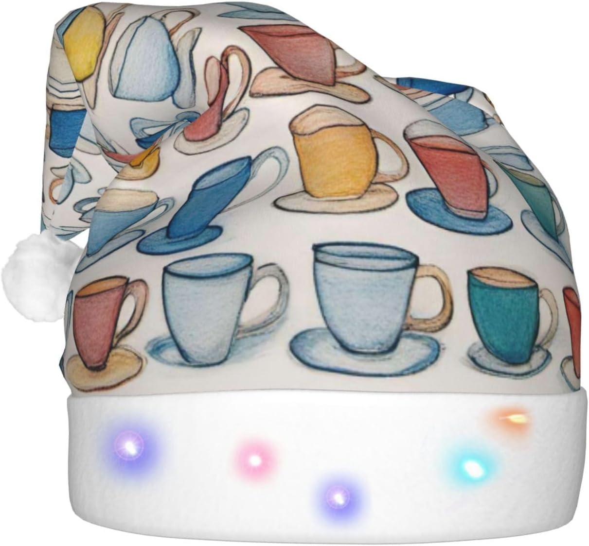 QINZHENG LED Christmas Hat with Teapots and Cups Print