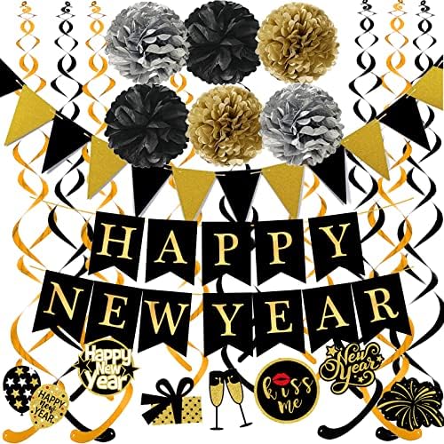 Happy New Year Banner with Pom Poms and Triangle Flags