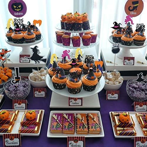 32 Piece Hocus Pocus Cupcake Toppers with Glitter and Bamboo Sticks