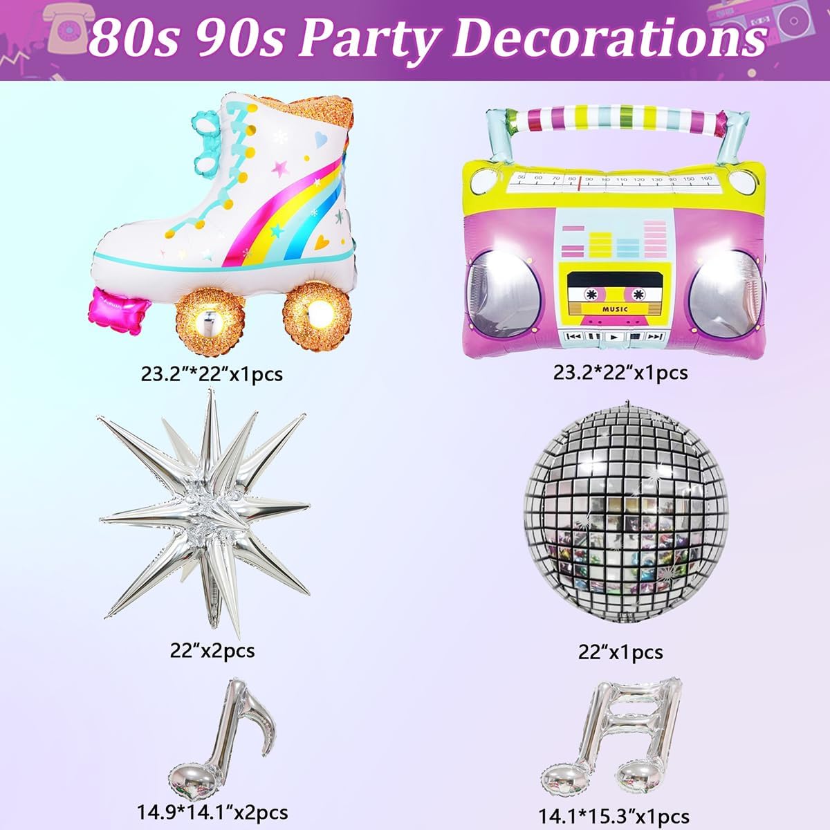 80s 90s Neon Balloons Arch Kit with Confetti Music Note and Disco Ball