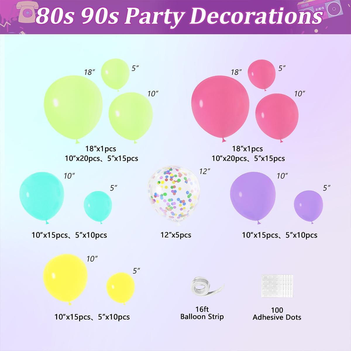 80s 90s Neon Balloons Arch Kit with Confetti Music Note and Disco Ball