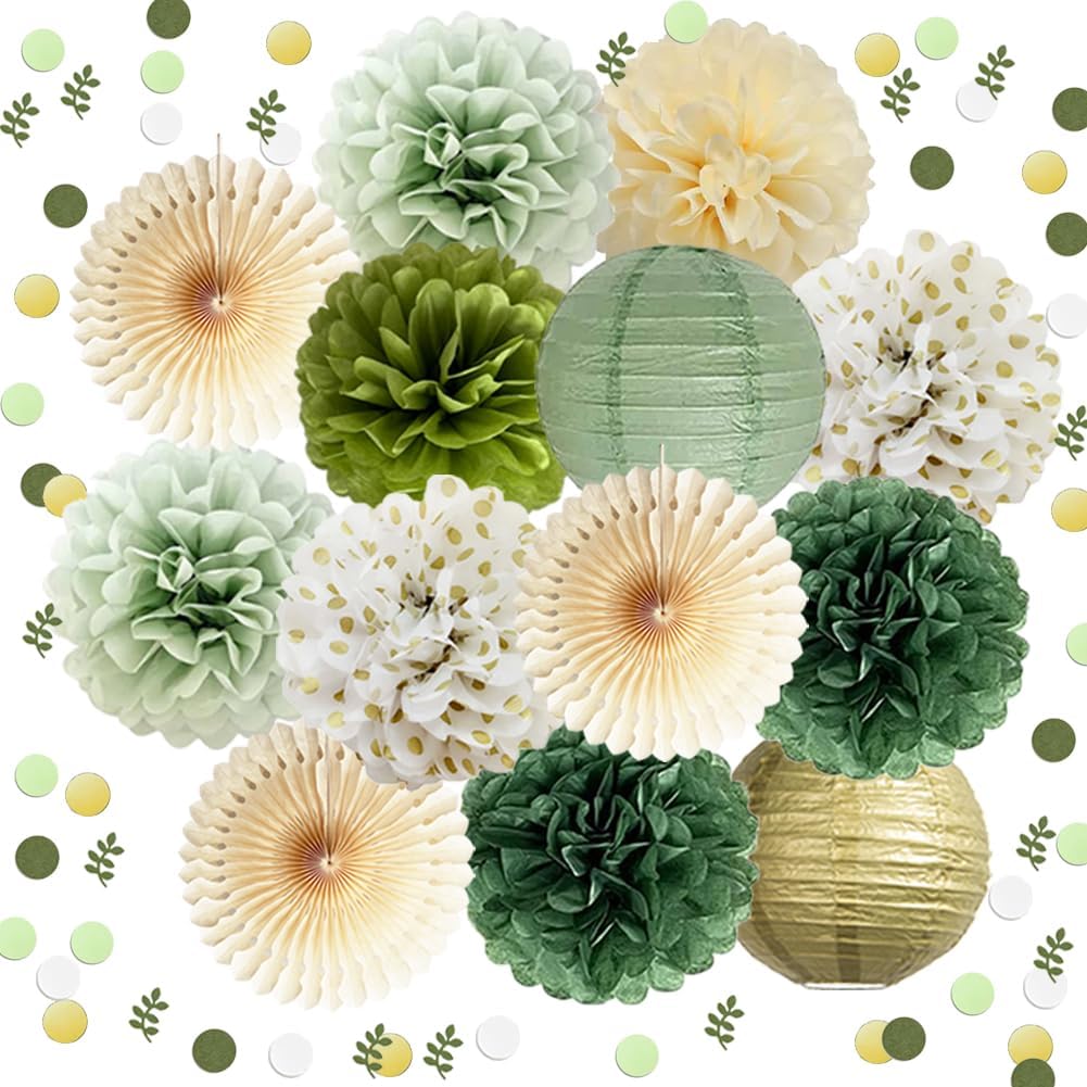 Olive Sage Green Paper Pom Poms Party Decorations
