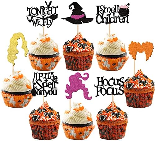 32 Piece Hocus Pocus Cupcake Toppers with Glitter and Bamboo Sticks