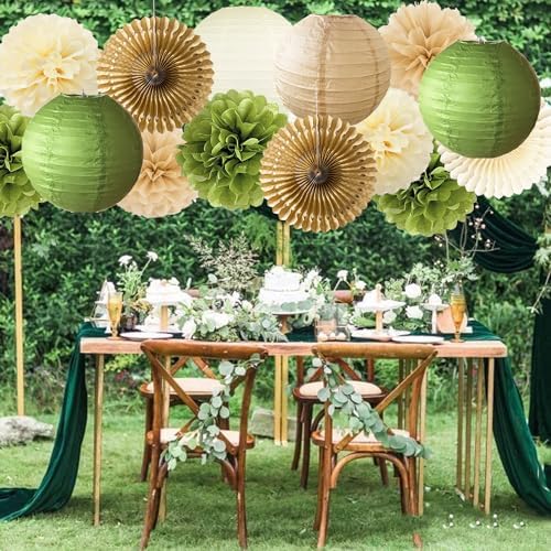 Olive Green Tissue Pom Poms and Paper Lanterns Decor Set