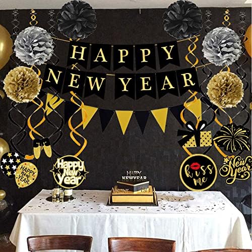 Happy New Year Banner with Pom Poms and Triangle Flags