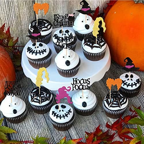 32 Piece Hocus Pocus Cupcake Toppers with Glitter and Bamboo Sticks