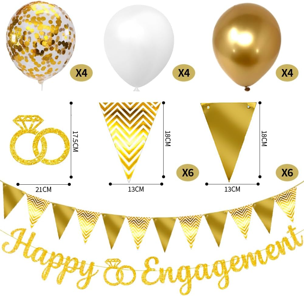 Gold Glitter Happy Engagement Banner 12 Pcs Decorations