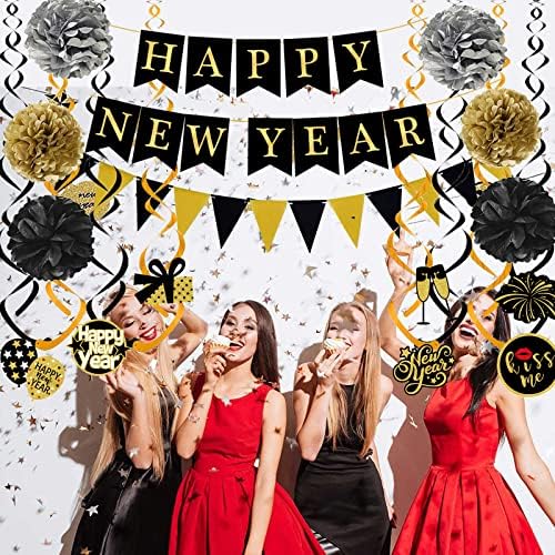 Happy New Year Banner with Pom Poms and Triangle Flags