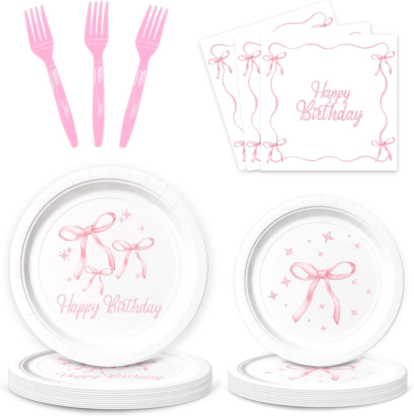 Pink Bow Birthday Party Tableware Set 96Pcs