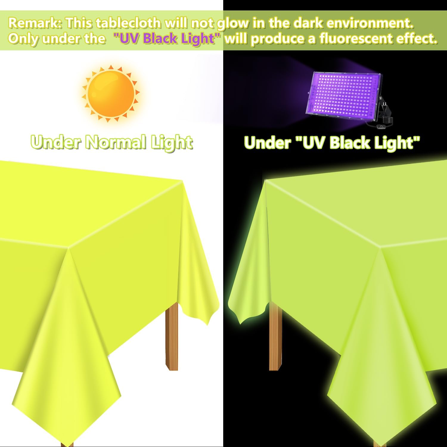 Neon Table Cloths 4 Pcs Yellow Glow in the Dark for Parties