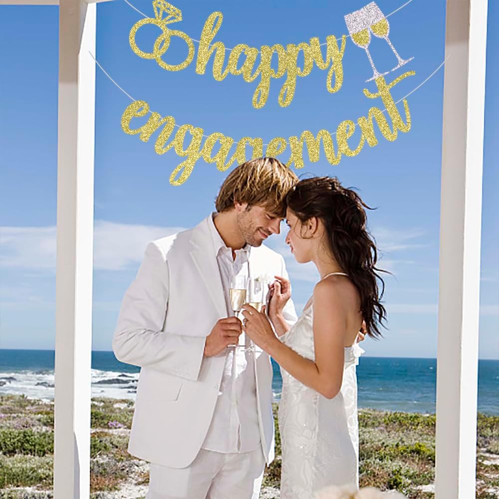Palasasa Happy Engagement Banner - Gold Glitter Decorations Sign