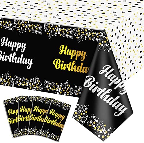 4 Pack Happy Birthday Tablecloths Black Gold Decor 54x108 Inch