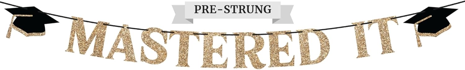 Gold Glitter Graduation Party Banner - Pre-Strung Garland 10ft Strand