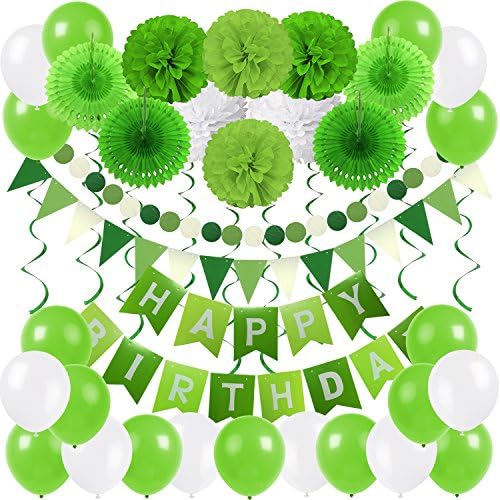 ZERODECO Birthday Party Decor Green White Banner Fans Poms Balloons