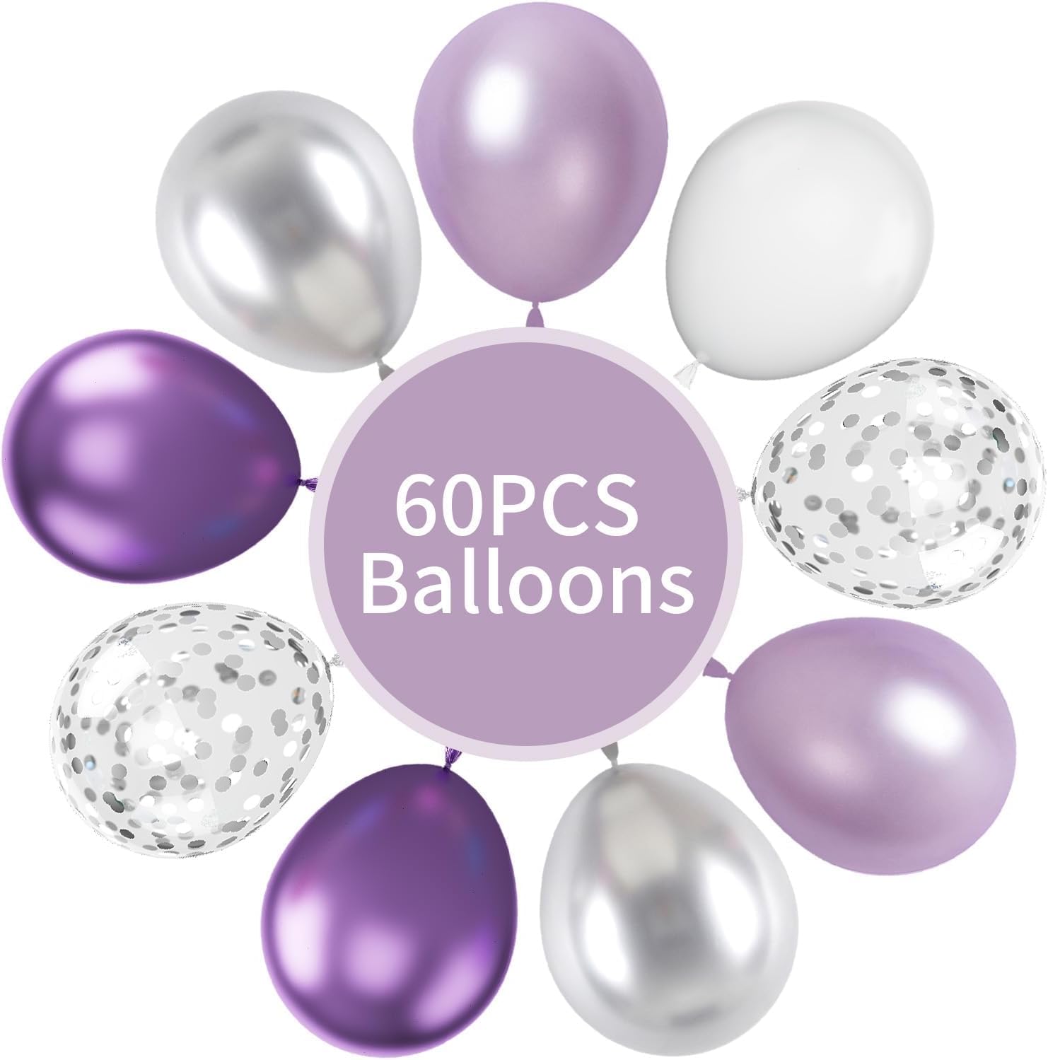 FunHot 60Pcs 12 Inch Metallic Silver and Purple Balloons Set