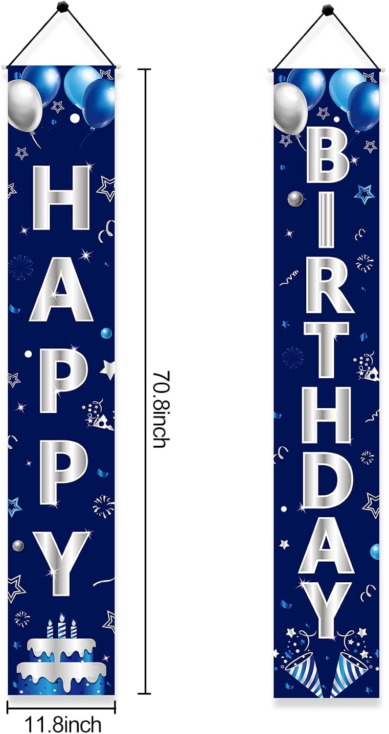 Turypaty Blue Silver Happy Birthday Door Banner Decorations