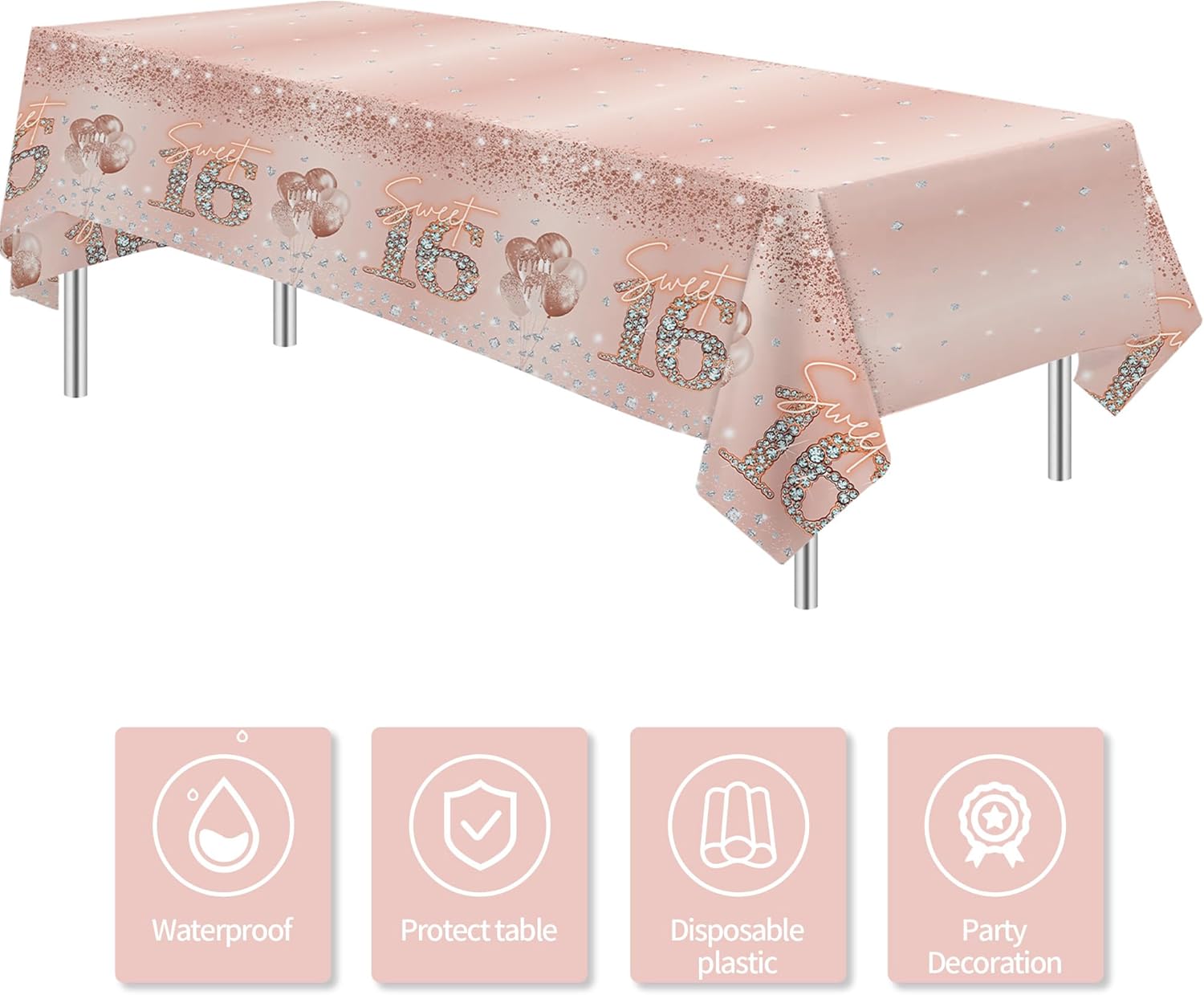 Rose Gold Sweet 16 Party Tablecloth 3 Pack