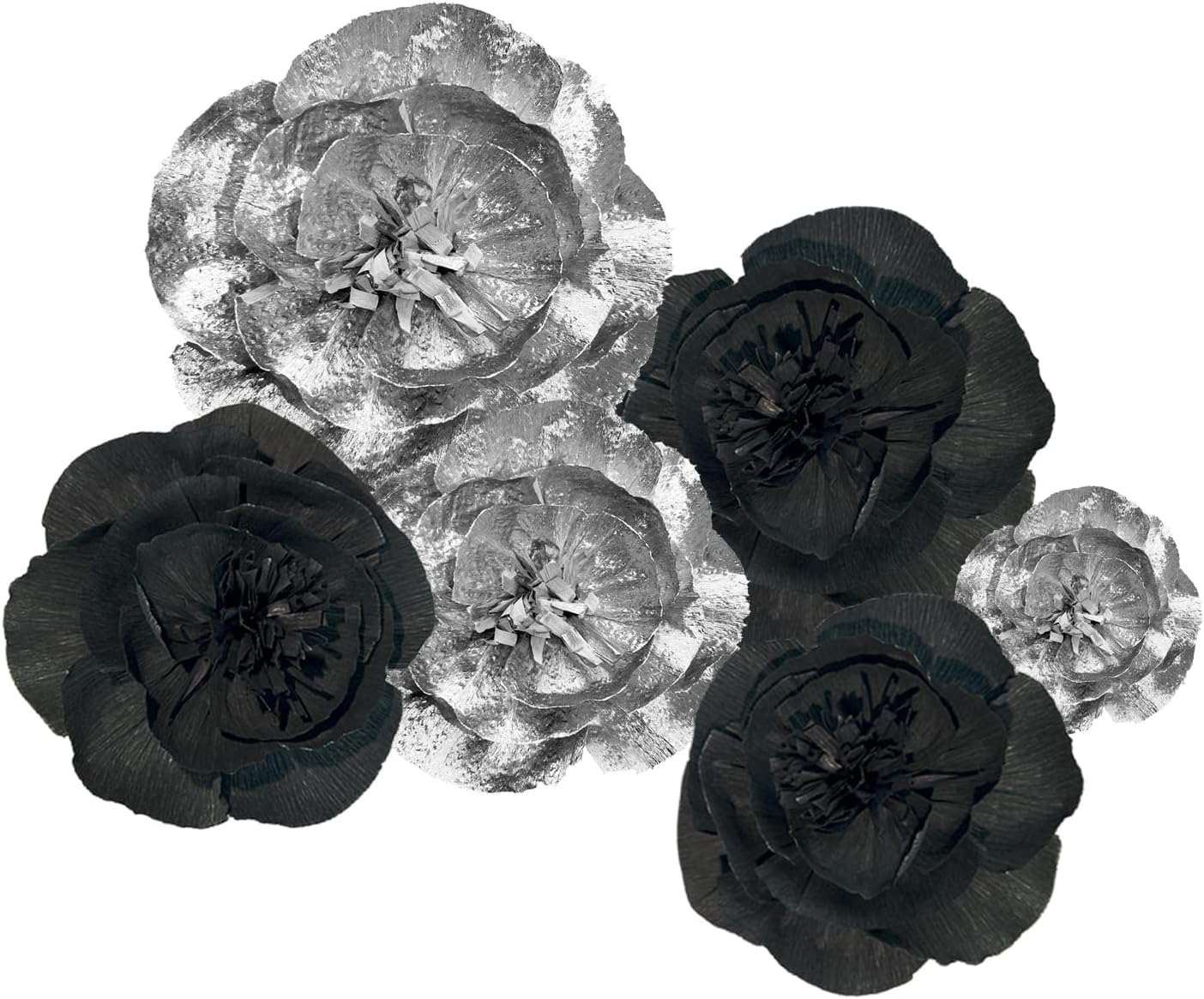 IGUO Silver Black Paper Flowers 3D Decor 6PCS