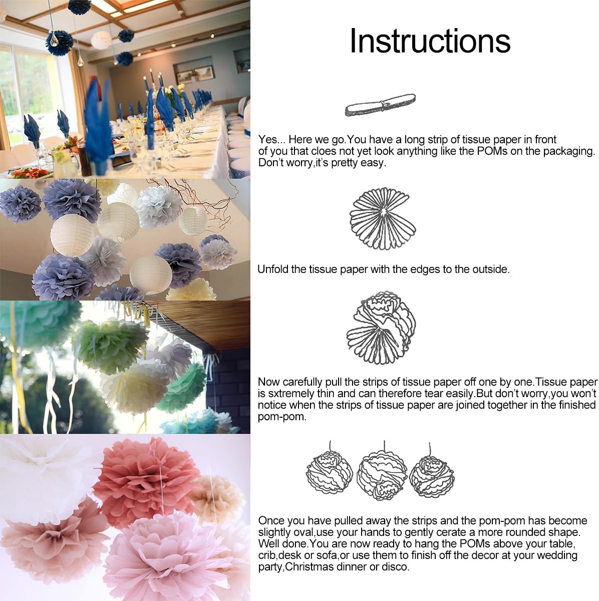 Queenbox 9PCS 4-6in Tissue Pom Poms Decorations
