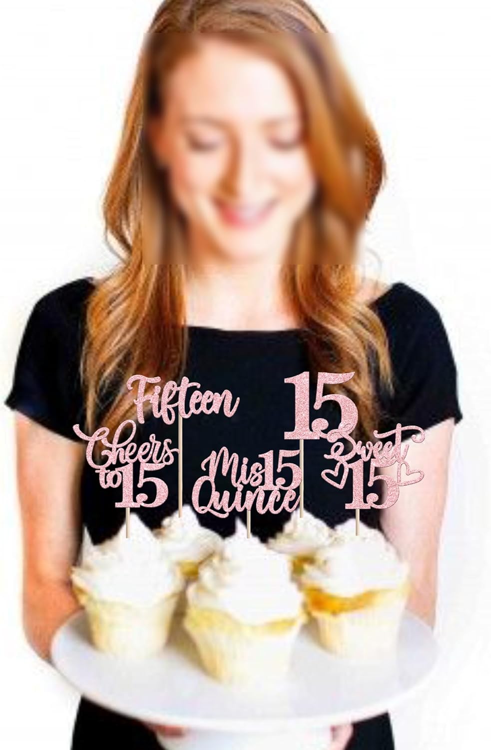 30PCS Happy 15th Birthday Cupcake Toppers Glitter Pink
