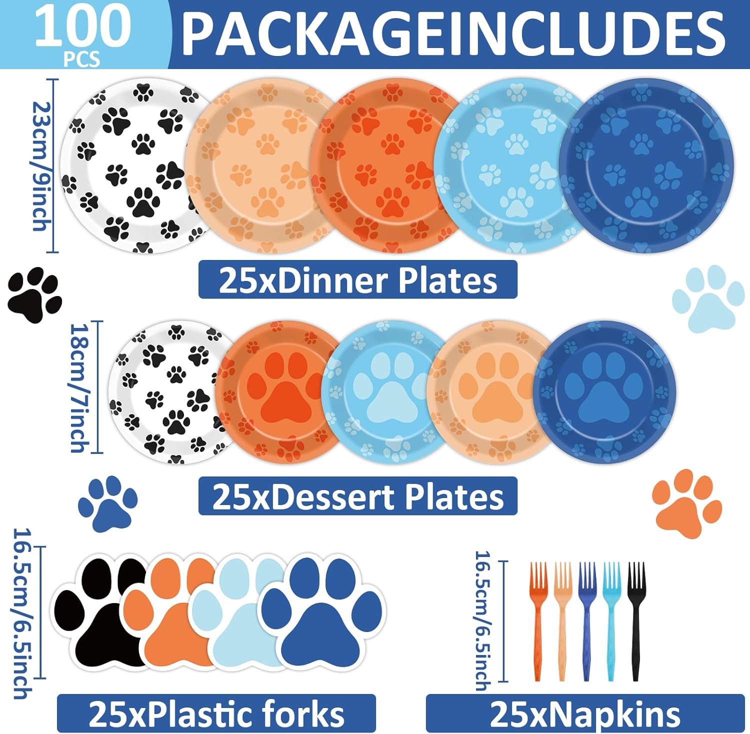 100Pcs Blue Dog Birthday Party Supplies for 25 Guests