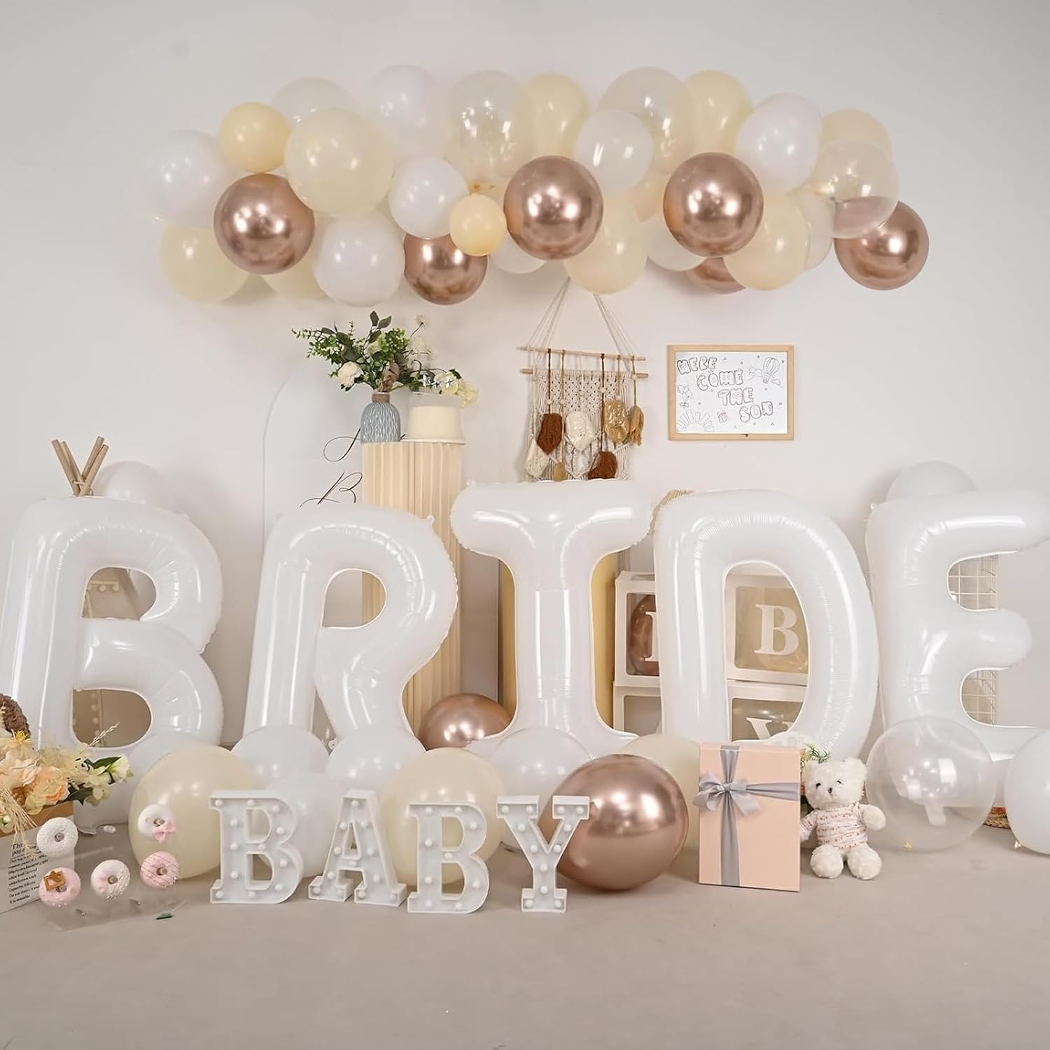 40 Inch White Bride Foil Balloons with Ribbon and Straw