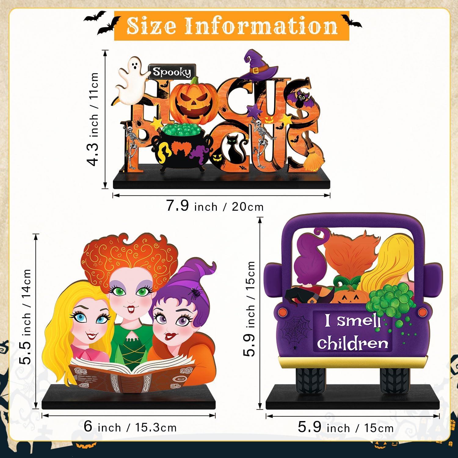 3 Piece Hocus Pocus Halloween Table Signs with Wooden Bases
