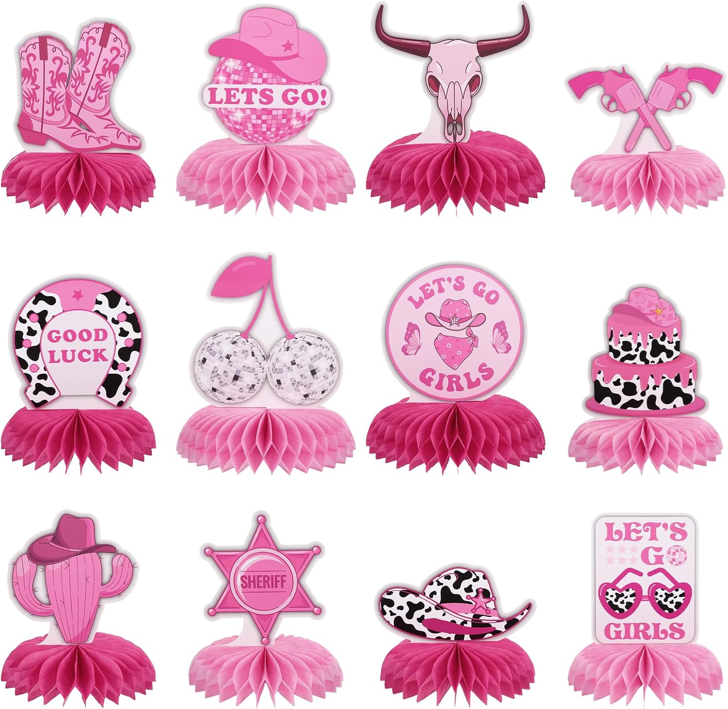 12PCS Pink Cowgirl Honeycomb Centerpieces