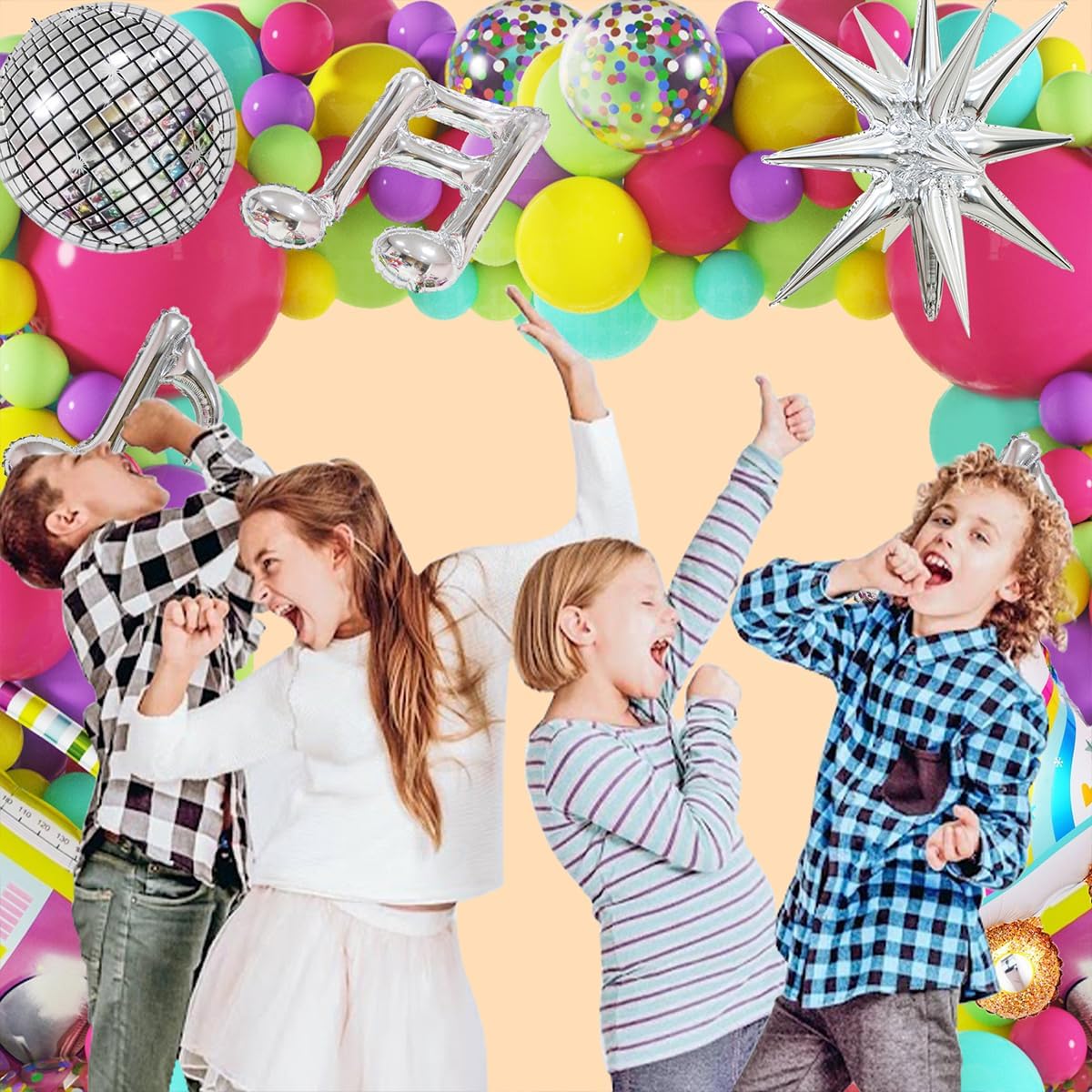 80s 90s Neon Balloons Arch Kit with Confetti Music Note and Disco Ball