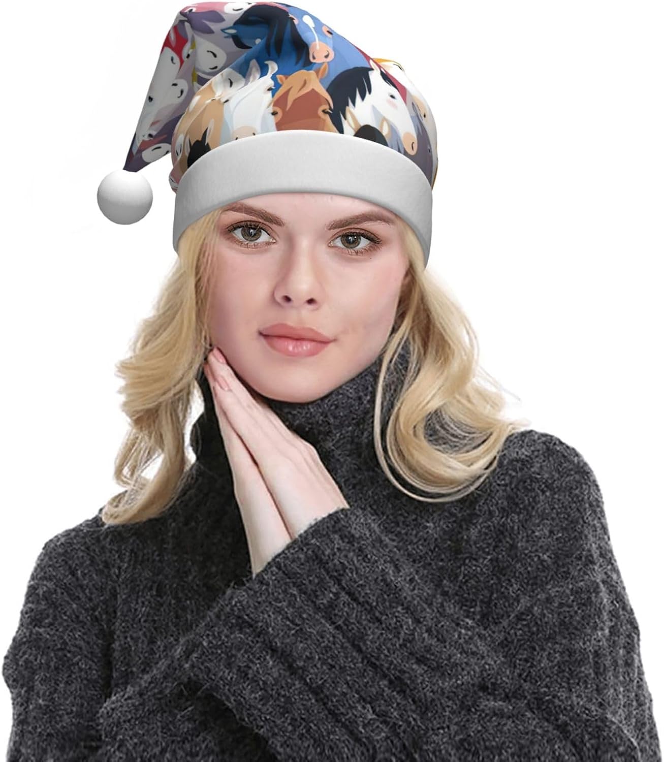QINZHENG Cartoon Horses Santa Hat Christmas Gift for Women