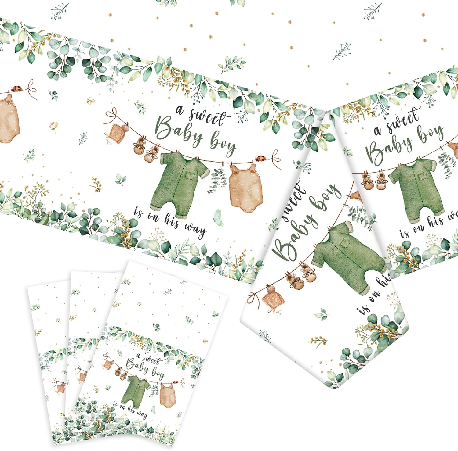 3PCS Waterproof Greenery Baby Shower Tablecloth for Gender Reveal Party