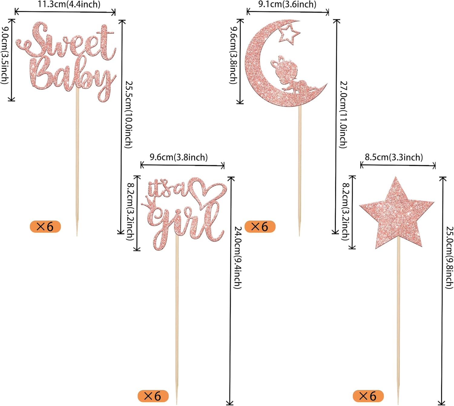 12 PCS Sweet Baby Girl Centerpiece Sticks with Rose Gold Moon Glitter