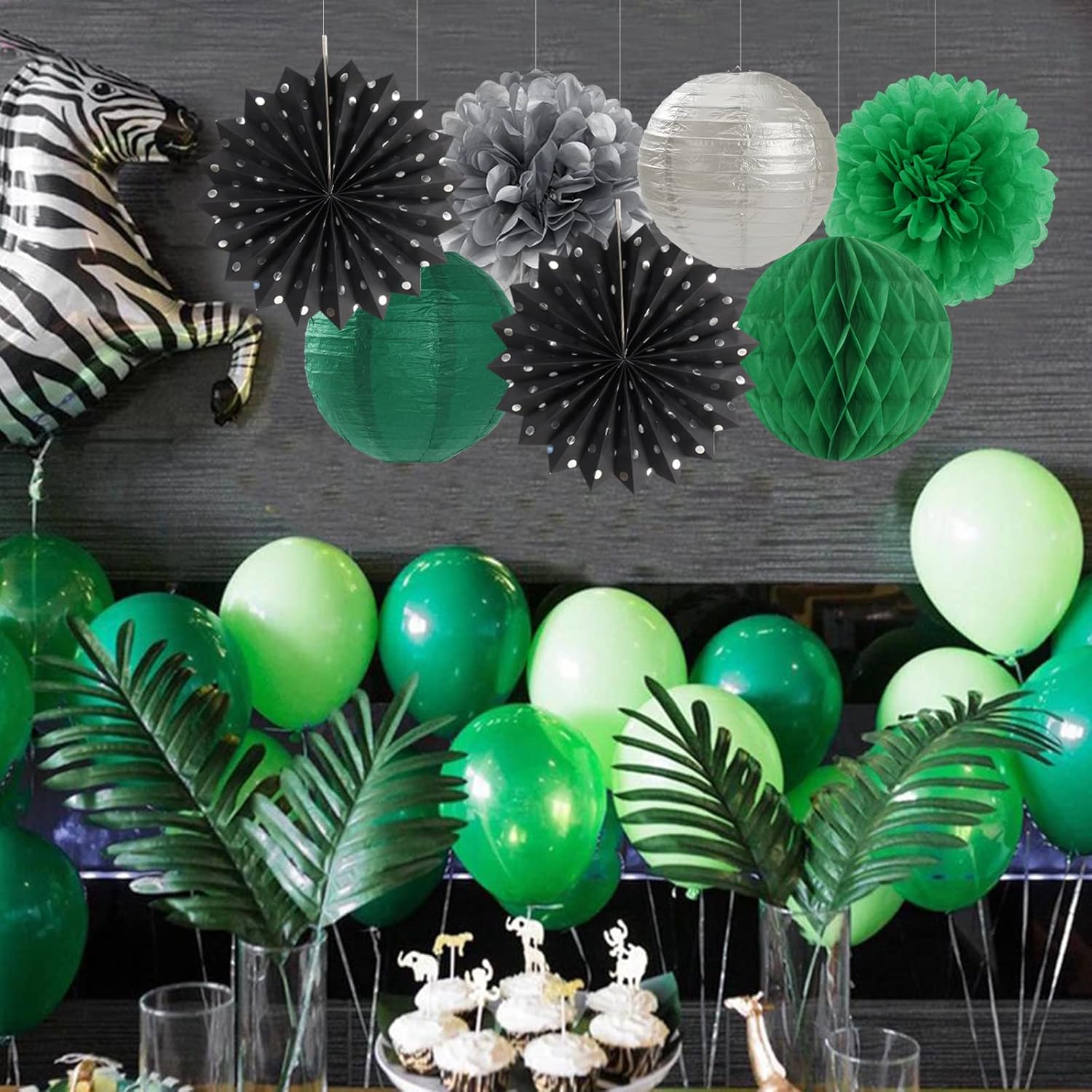 Black-Green Silver Party Decor Streamers Lanterns 14pcs Set