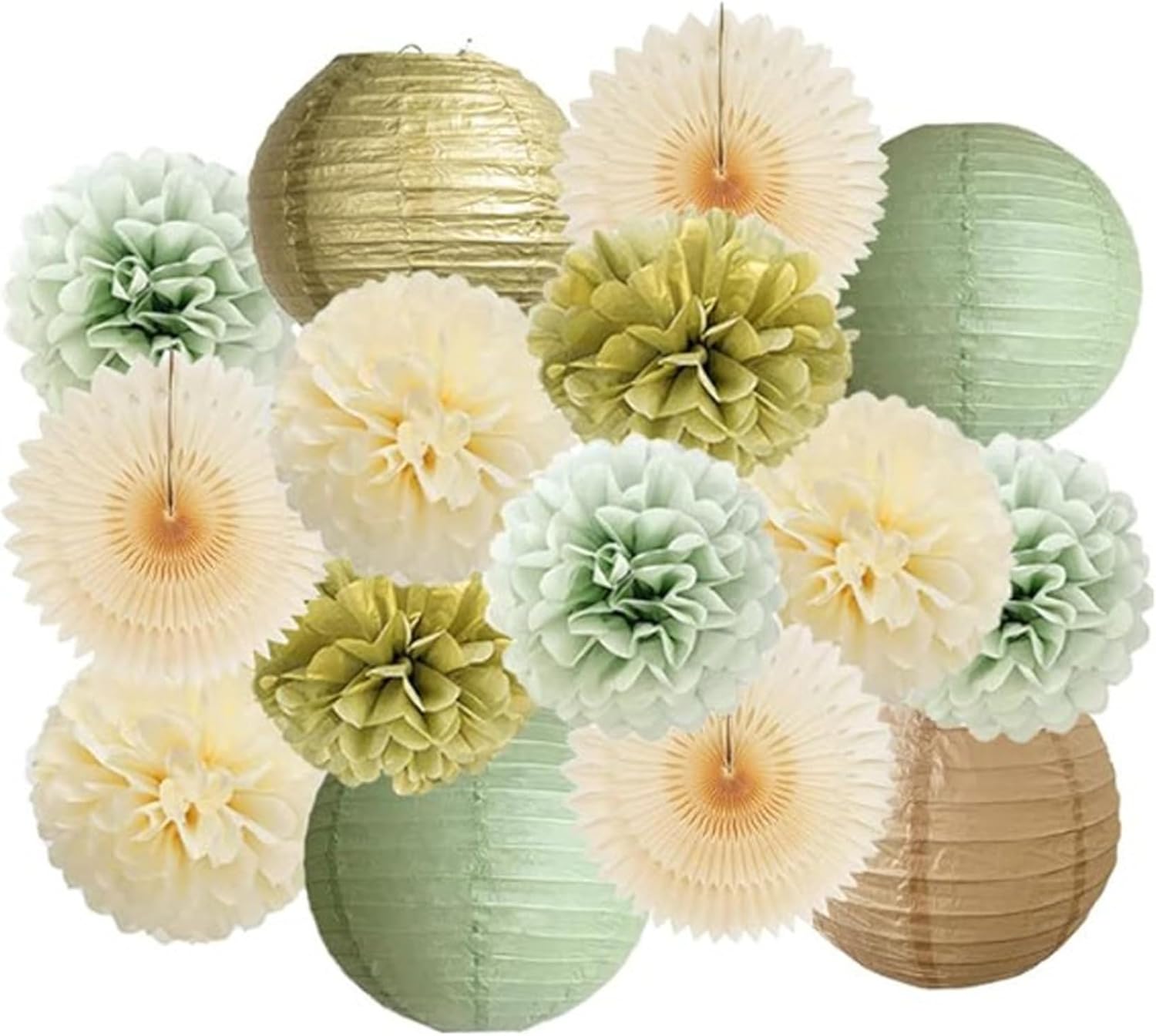Comebachome 15PCS Paper Pom Poms Set Green Gold Tissue Decorations
