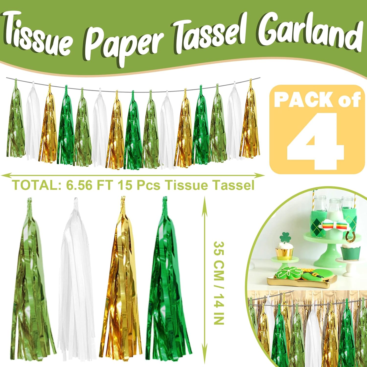 4P Light Green White Gold Green Tassel Garland Banner