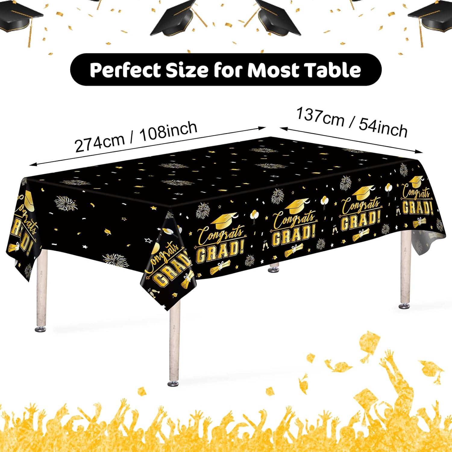 3 Pcs Graduation Tablecloth - Black Gold 54x108 Inch