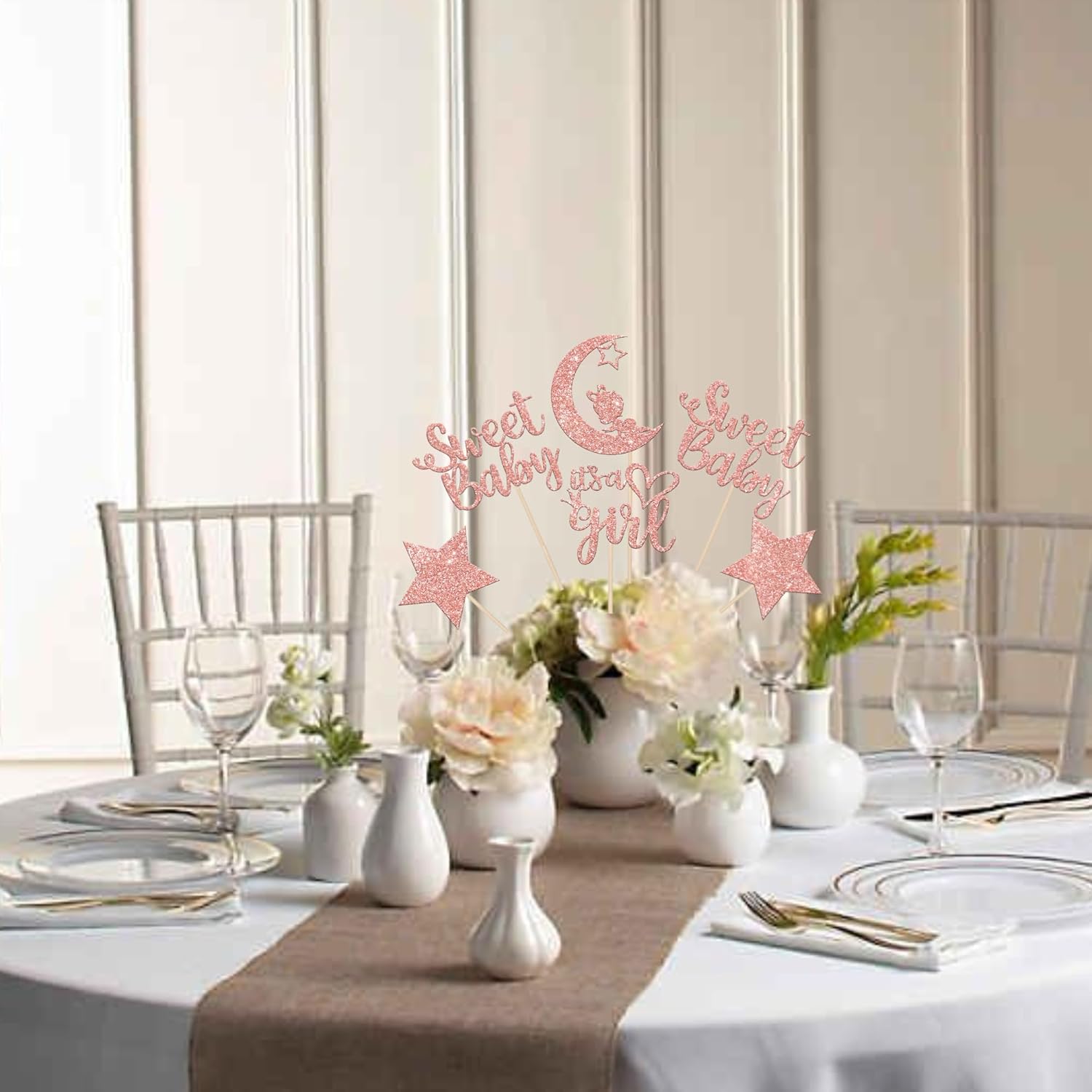 12 PCS Sweet Baby Girl Centerpiece Sticks with Rose Gold Moon Glitter
