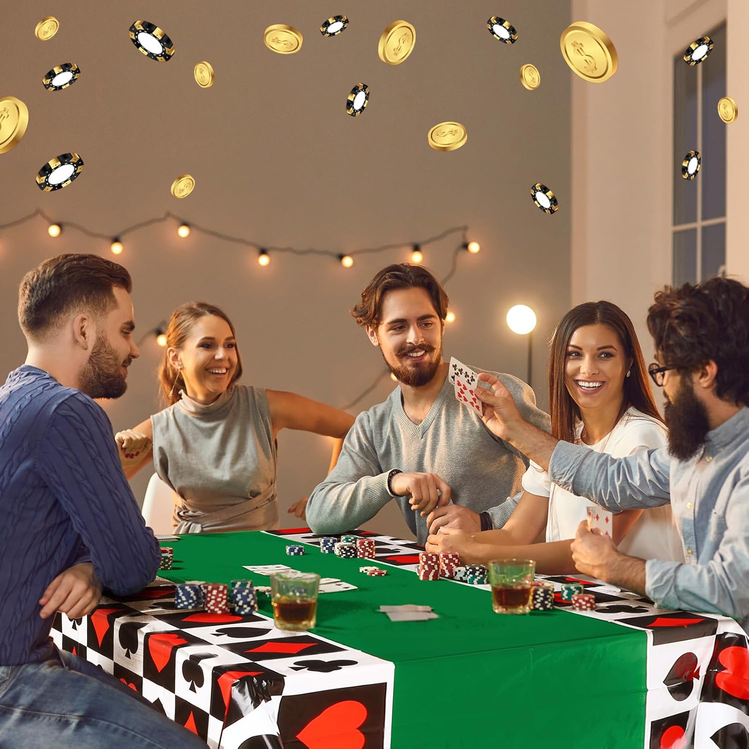 Hosuly 3 Pcs Casino Theme Tablecloths Poker Design Green 51x108 Inch