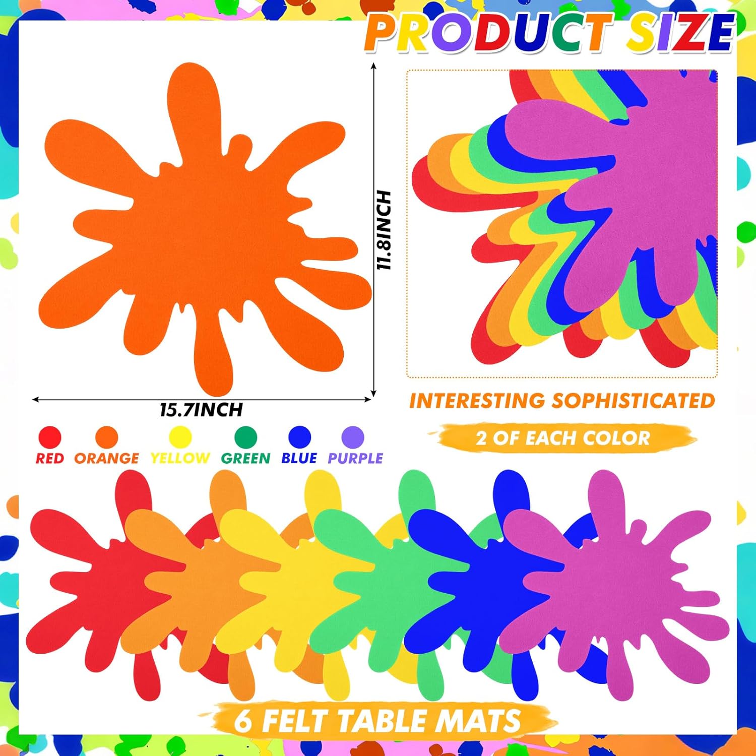 Tegeme 12 Pcs Rainbow Paint Splatter Felt Mats