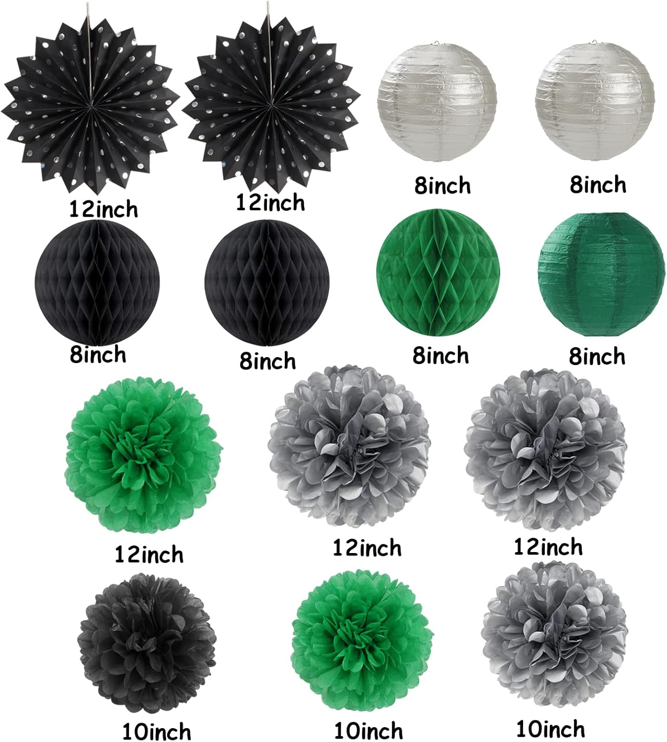 Black-Green Silver Party Decor Streamers Lanterns 14pcs Set