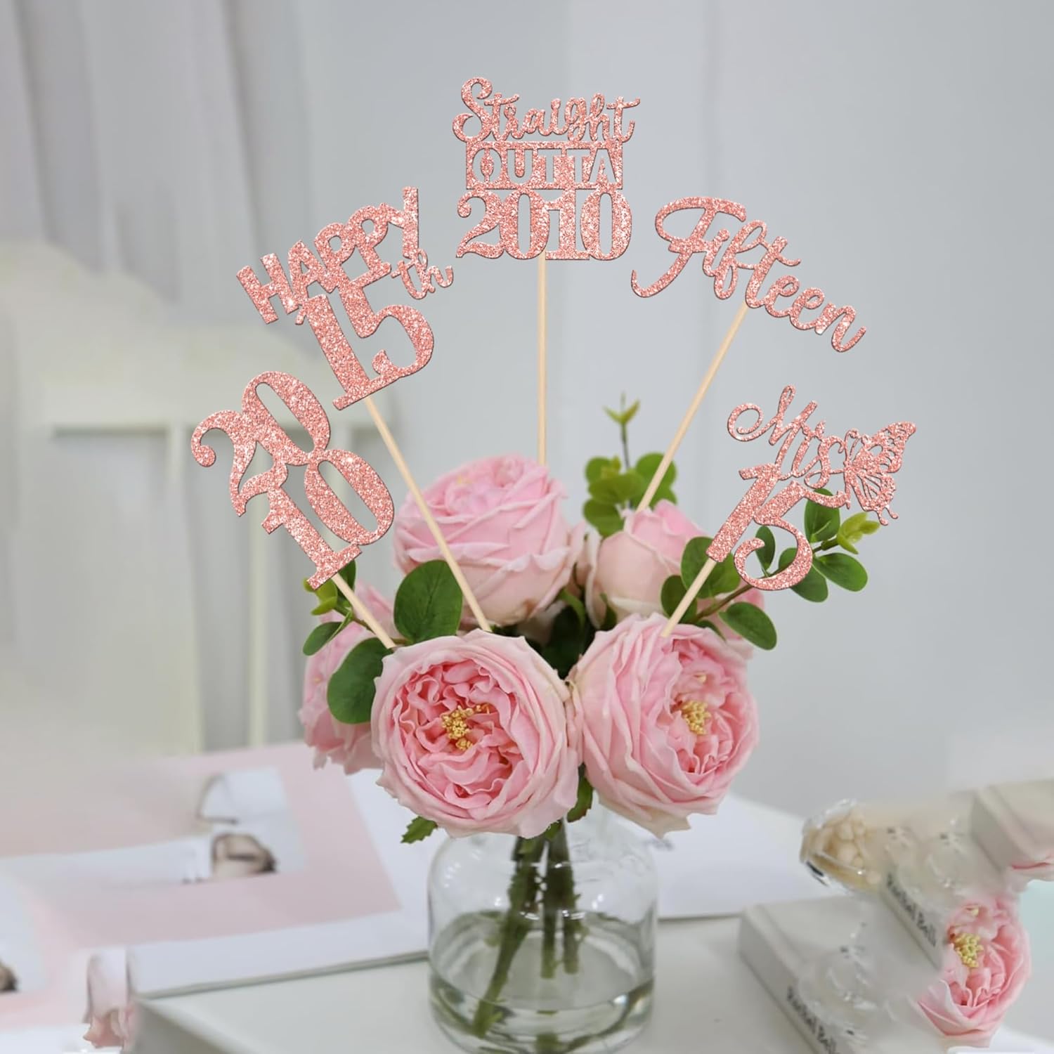 15 PCS Rose Gold 15th Birthday Centerpiece Sticks