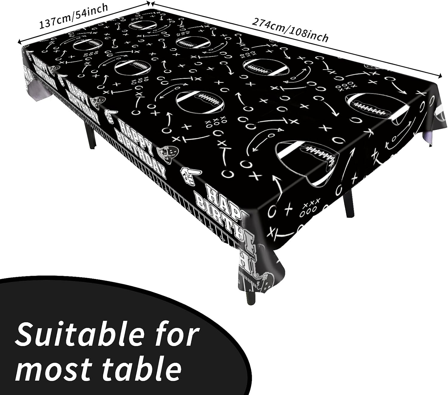 Idealmuzik 3pcs Football Tablecloth Black Tactical Design 54x108 Inch