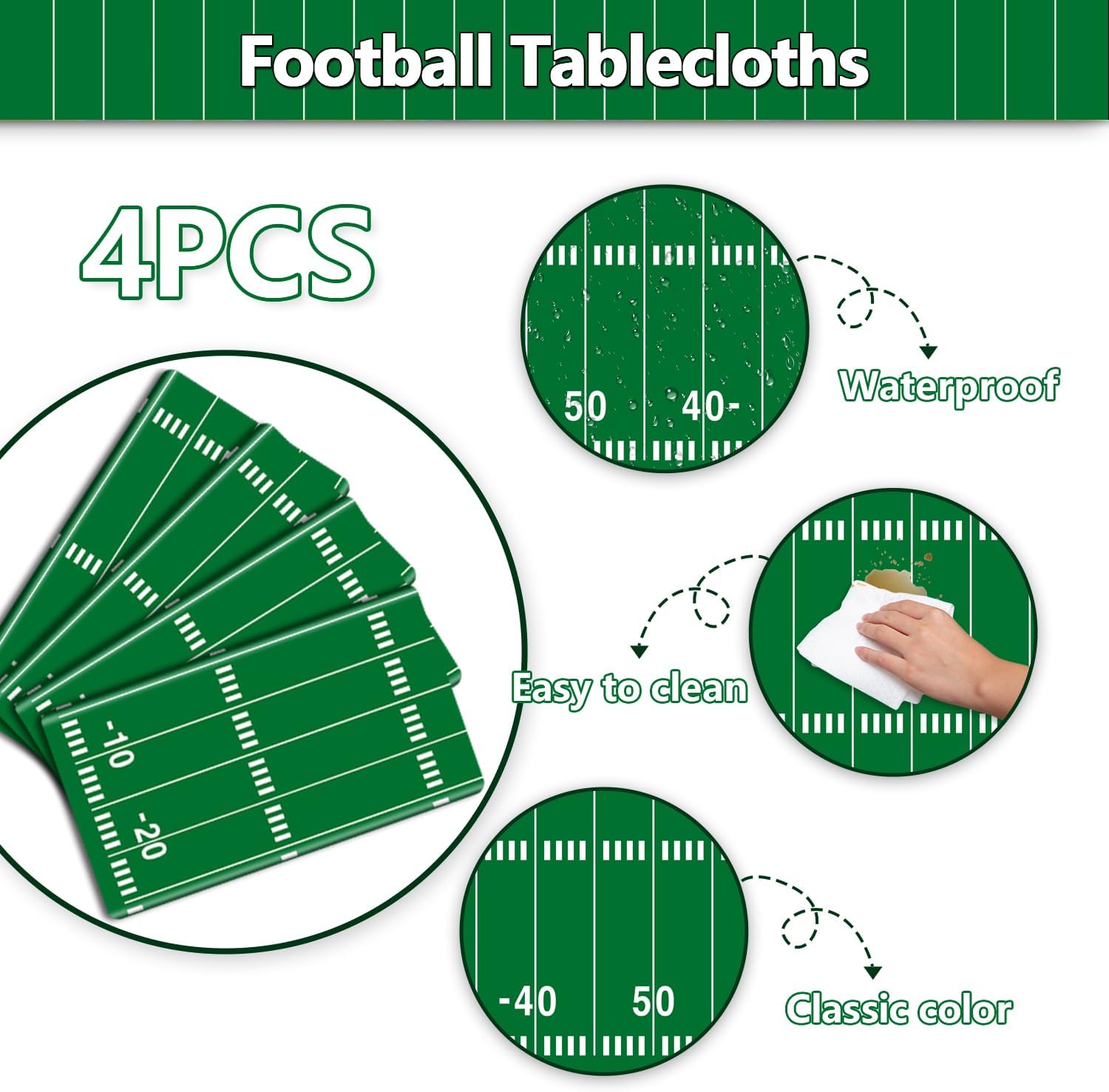 4Pcs Football Tablecloths 54x108 Inch Green Field Covers for Parties