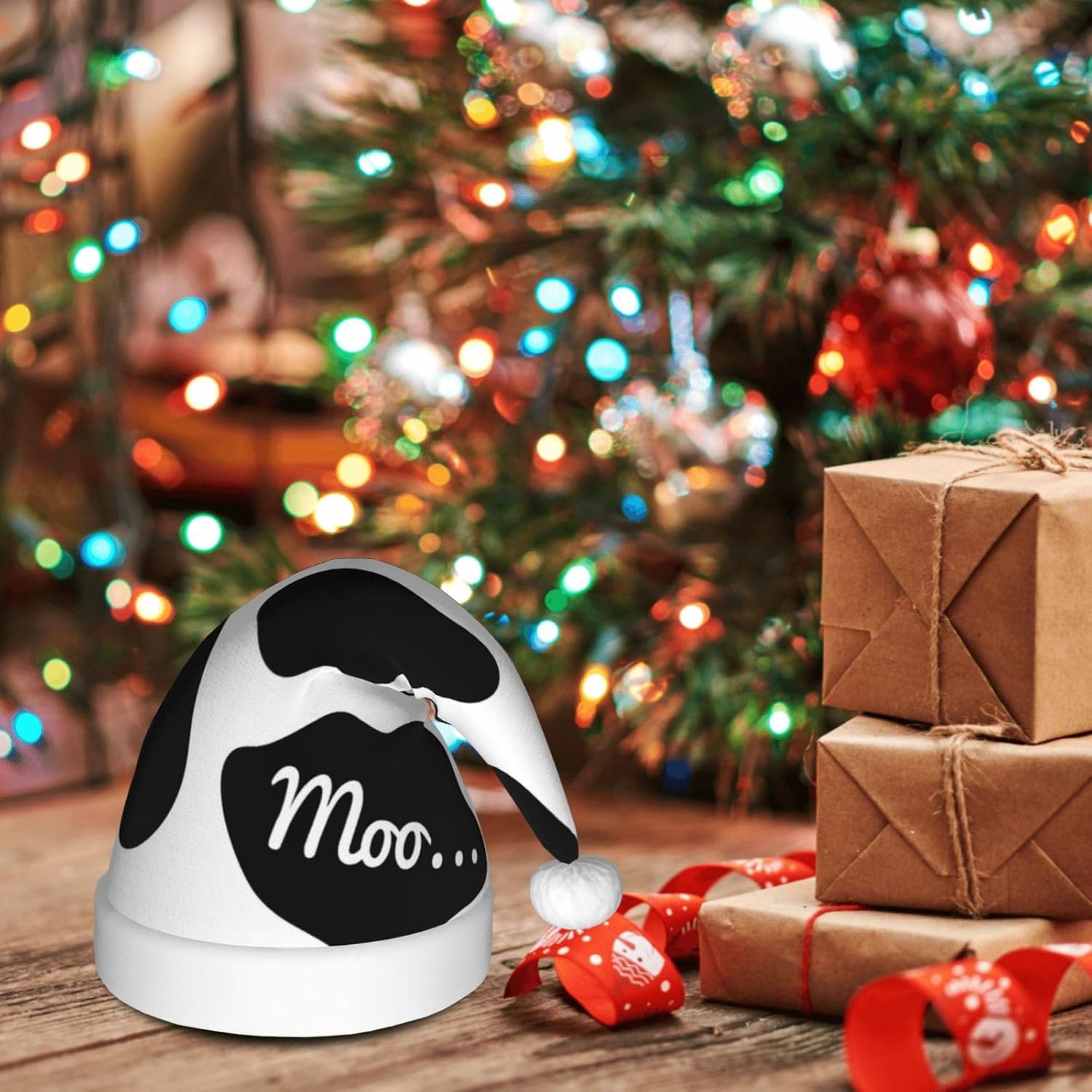 QINZHENG Personalized Santa Hat with Cow Print